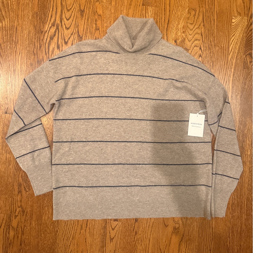 NWT 100% Cashmere Nordstrom Women's tan black Striped Sweater XL quiet luxury